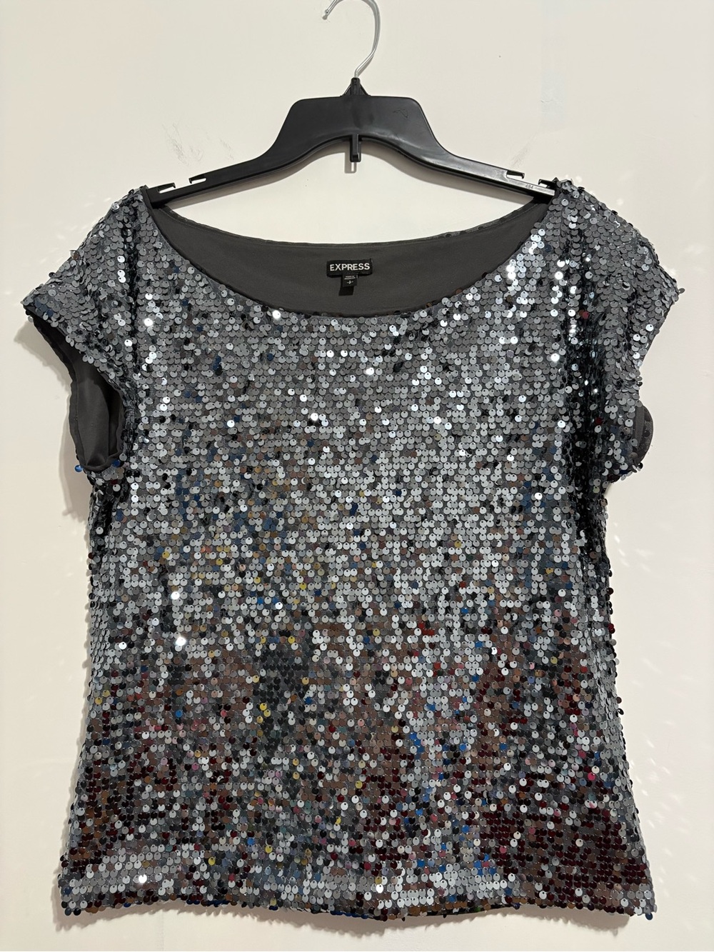 Express Silver Sequin Short Sleeve Scoop Neck Top